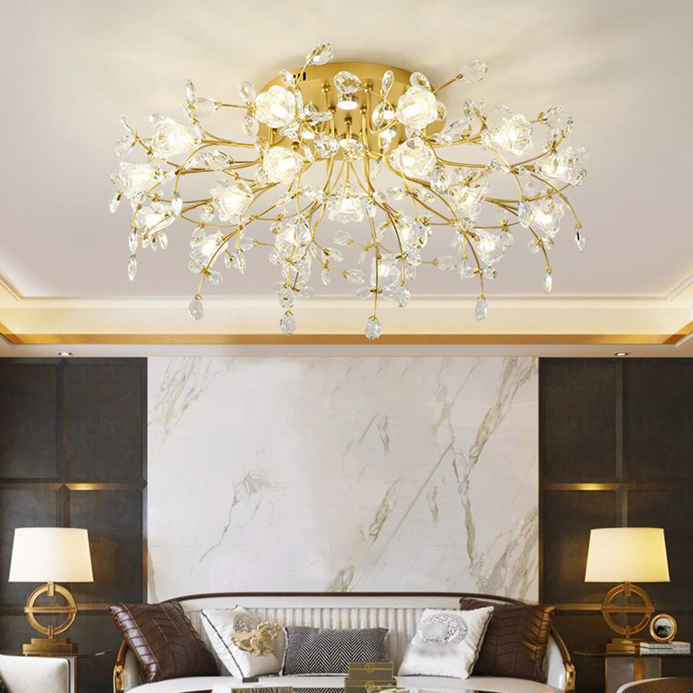 Arisha Art Deco Elegant Golden Crystal Flower Flush Mount Ceiling Light