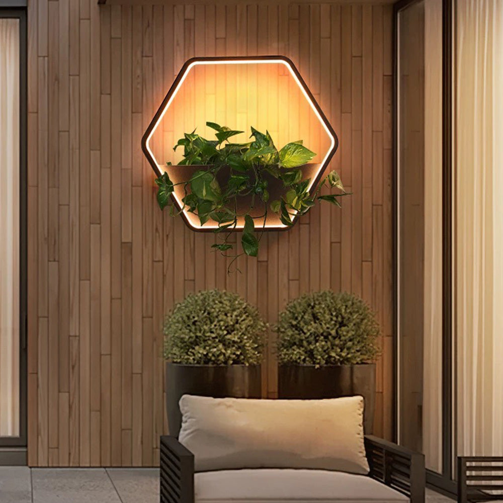 Ray Minimalist Hexagonal Ring With Shelf Metal Outdoor Wall Lamp, Black