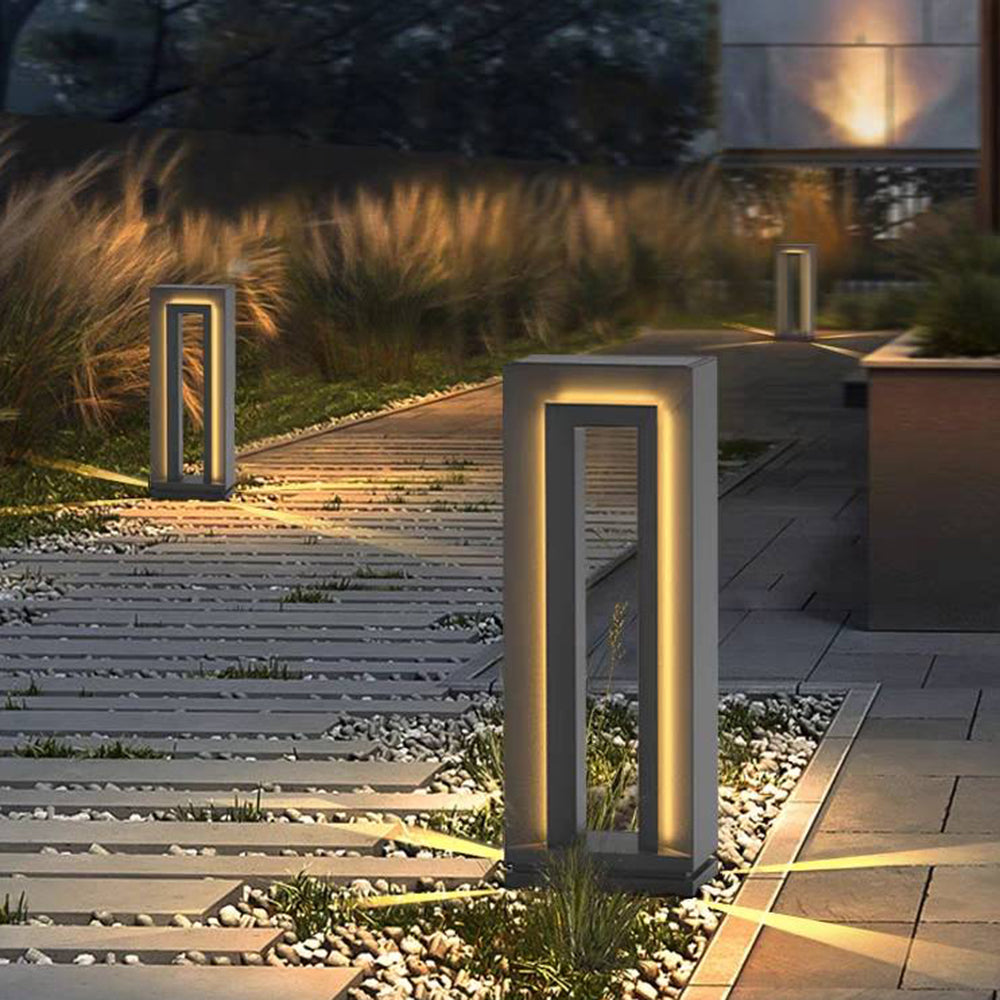 Ray Modern Metal Hollow Rectangular Solar Outdoor Path Light, Black