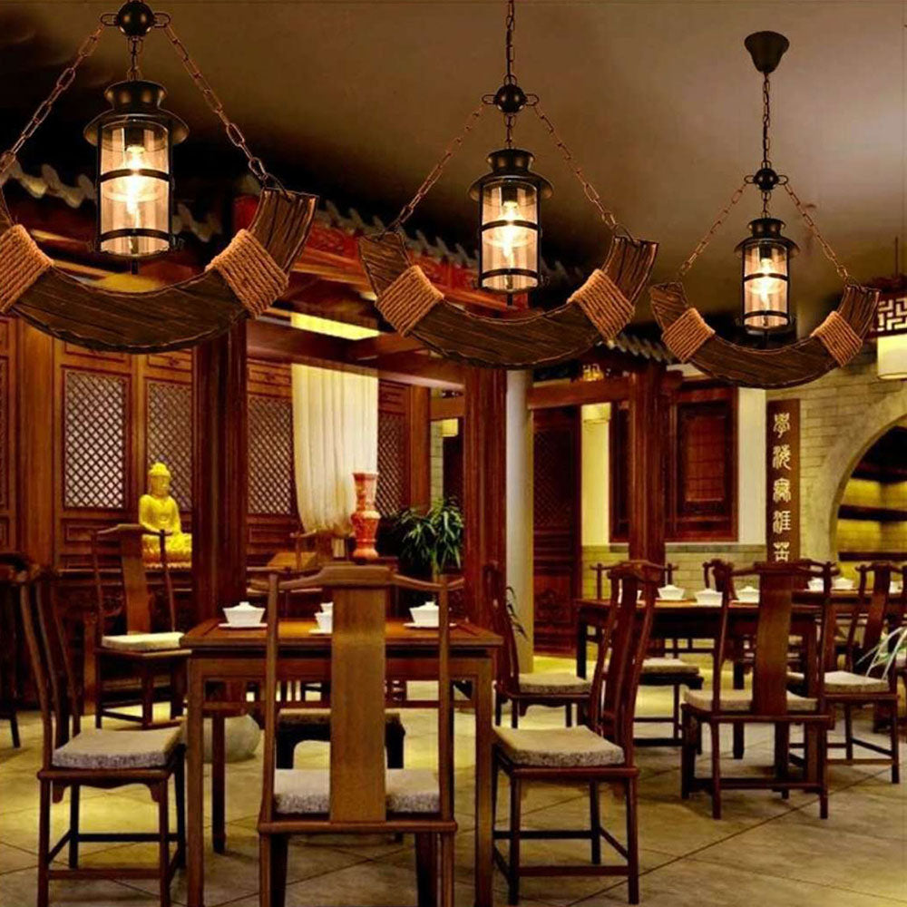 Epoch Retro Rustic Arc Metal/Wood Lantern Glass Pendant Light