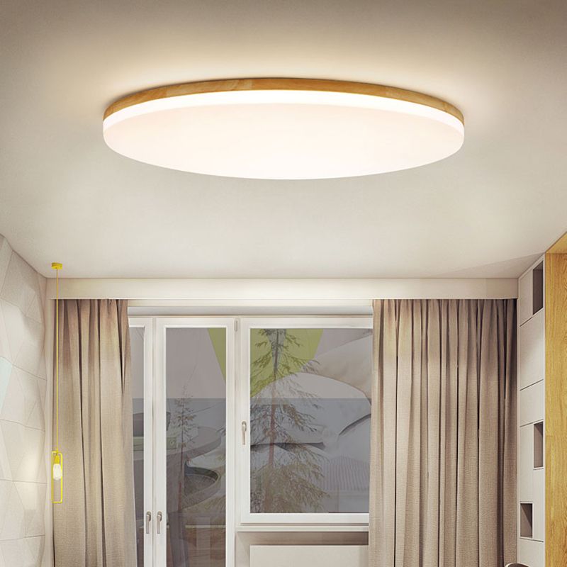 Muto Minimalist Wood Round Flush Mount Ceiling Light, Bedroom