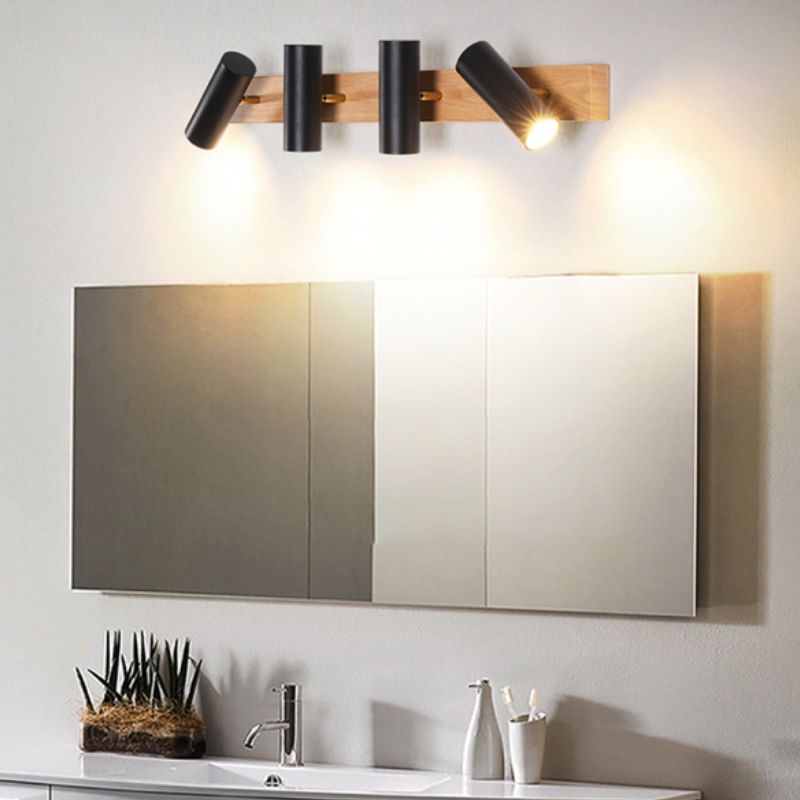 Muto Rotatable Spotlight Mirror Front Vanity Wall Lamp, Wood/Metal