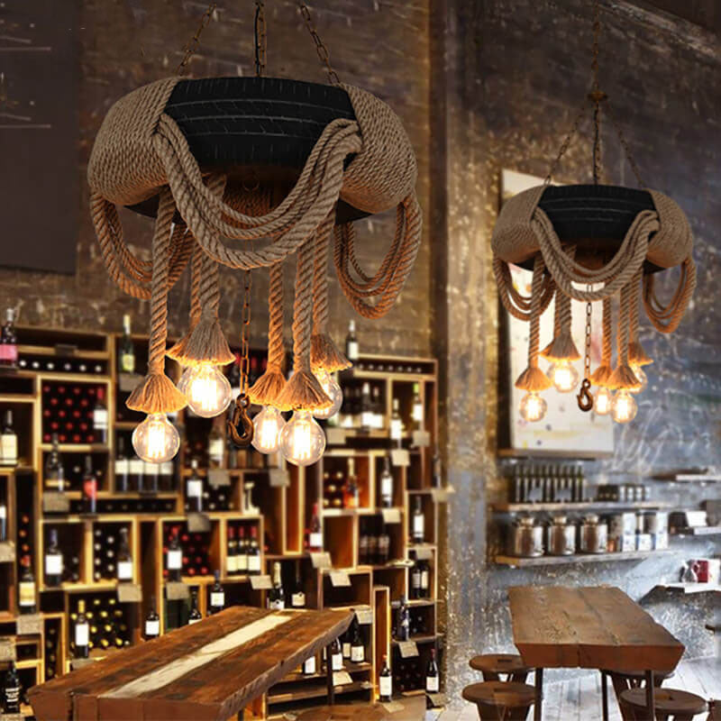 Epoch Vintage Industrial Chandelier Hemp Rope Tyre Dining Room