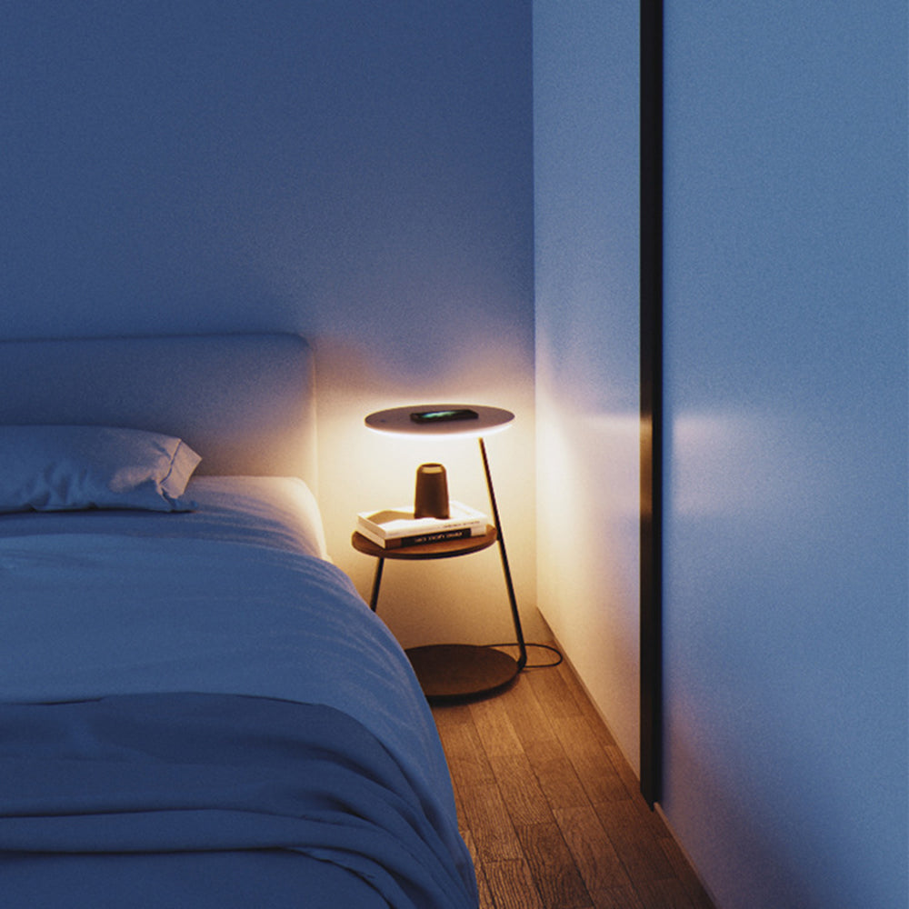 Muto Natural Round Wood Floor Lamp With Table Bedroom
