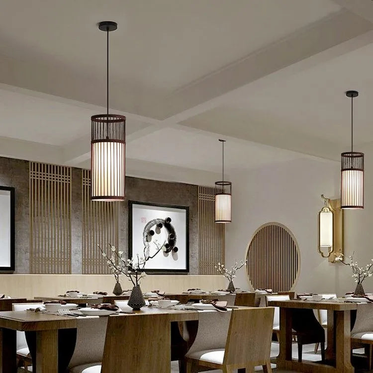 Ritta Weave Cylinder Pendant Light, Coffee/Wood, Metal/Bamboo