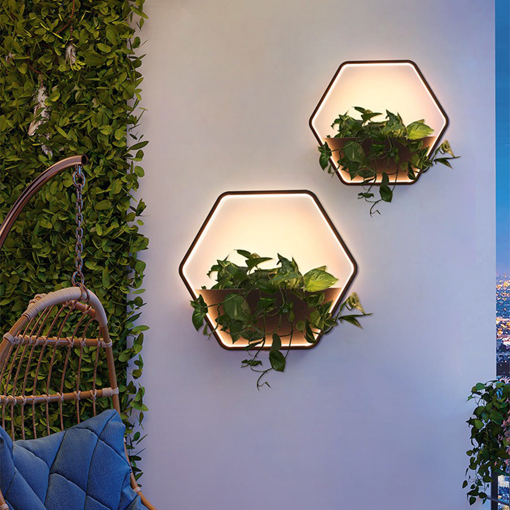 Ray Minimalist Hexagonal Ring With Shelf Metal Outdoor Wall Lamp, Black