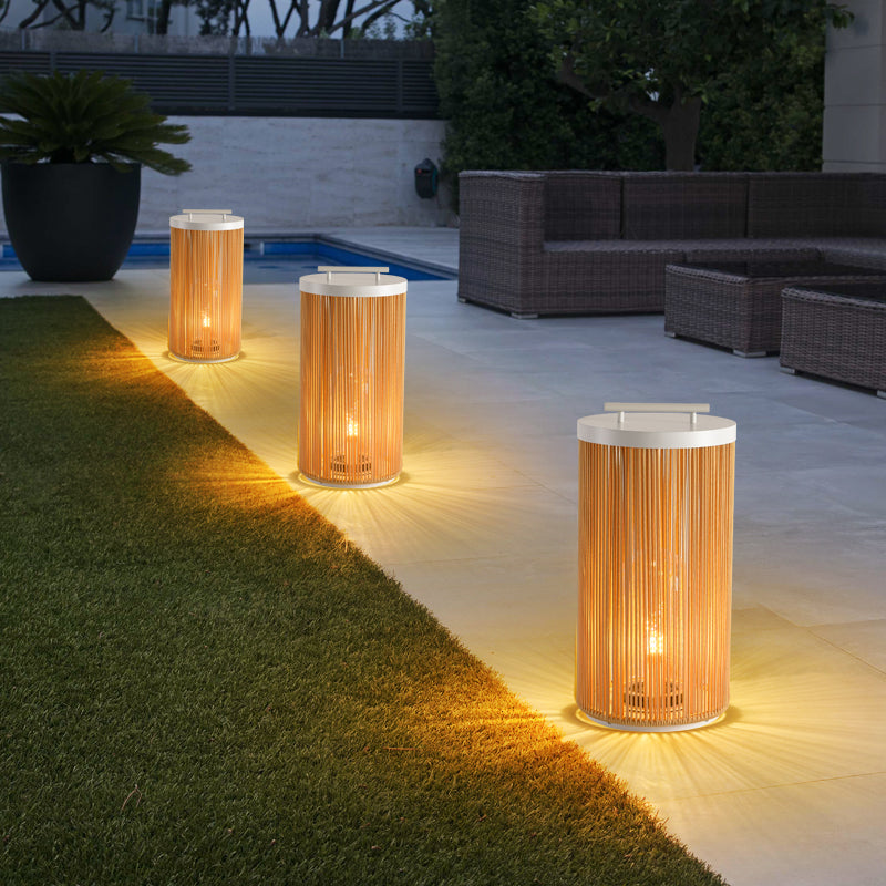 Ray Retro Metal/Rattan Floor Lamp, Hardwired/Solar/LED, Outdoor