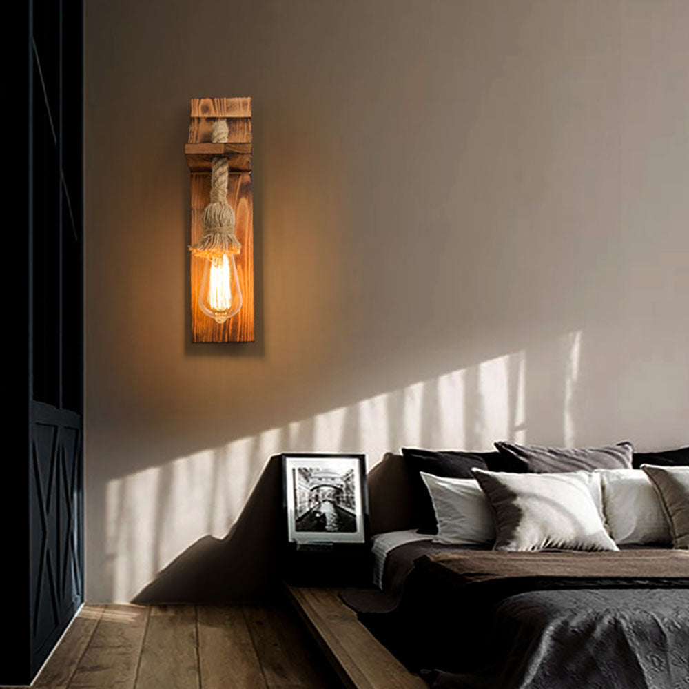 Epoch Vintage Rectangular LED Wall Light, Wood/Hemp Rope, Dining Room