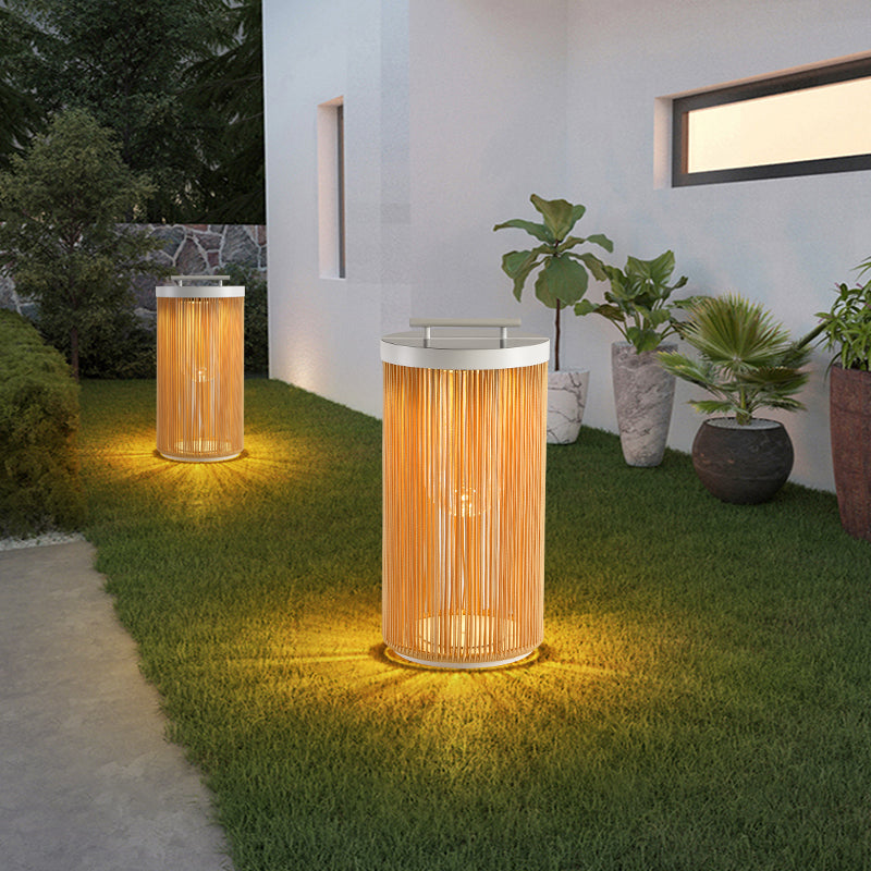 Ray Retro Metal/Rattan Floor Lamp, Hardwired/Solar/LED, Outdoor