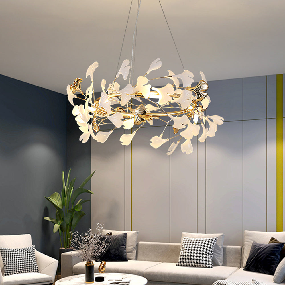 Olivia Ginkgo Leaf Modern Petal Shaped Metal Chandelier, Gold