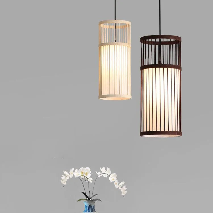 Ritta Weave Cylinder Pendant Light, Coffee/Wood, Metal/Bamboo