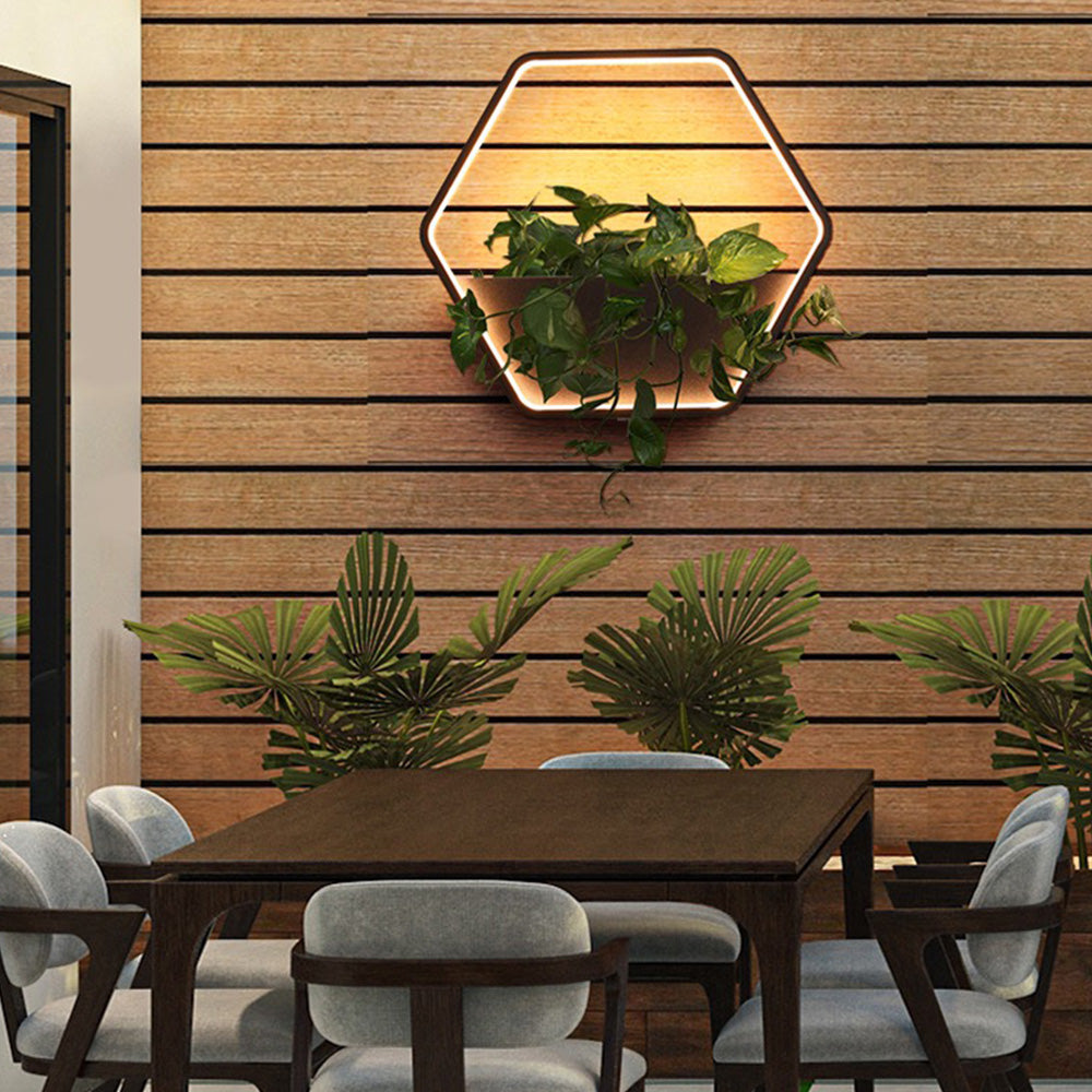 Ray Minimalist Hexagonal Ring With Shelf Metal Outdoor Wall Lamp, Black