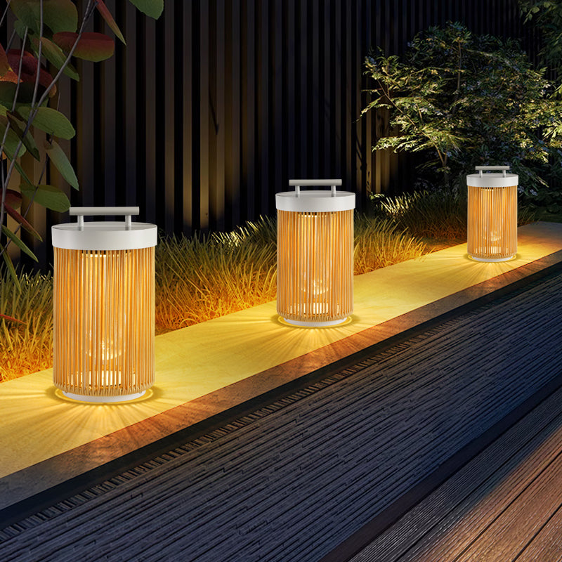 Ray Retro Metal/Rattan Floor Lamp, Hardwired/Solar/LED, Outdoor
