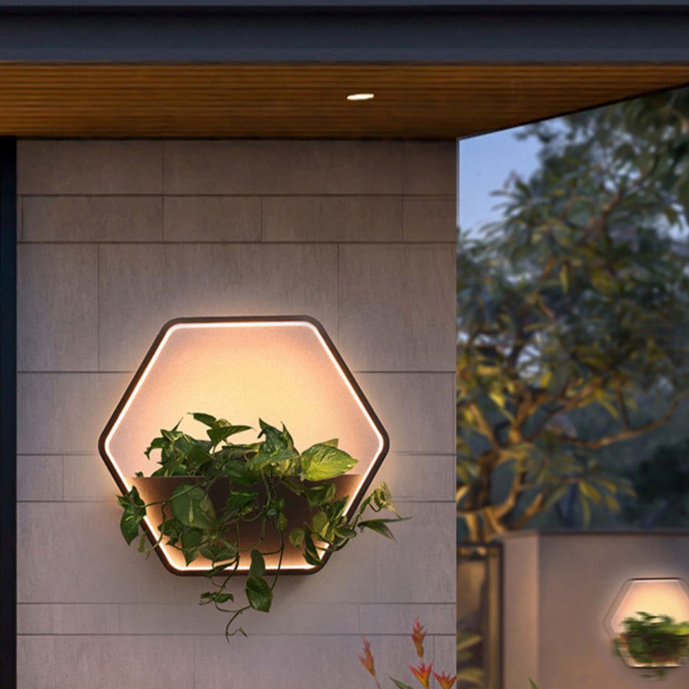 Ray Minimalist Hexagonal Ring With Shelf Metal Outdoor Wall Lamp, Black