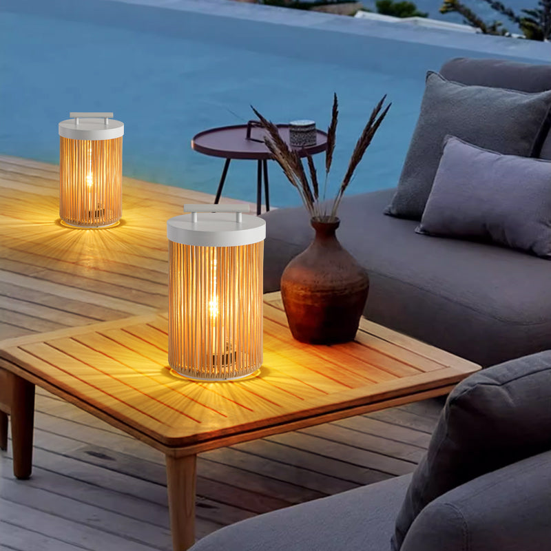 Ray Retro Metal/Rattan Floor Lamp, Hardwired/Solar/LED, Outdoor