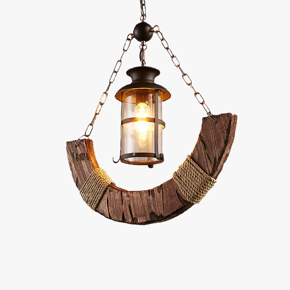 Epoch Retro Rustic Arc Metal/Wood Lantern Glass Pendant Light