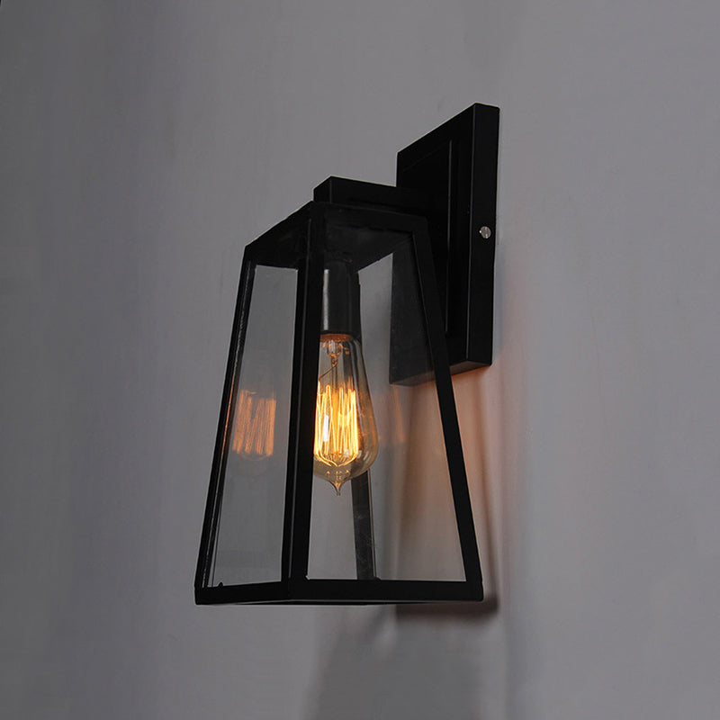Austin Retro Black Industrial Lantern Wall Lamp, Metal & Glass