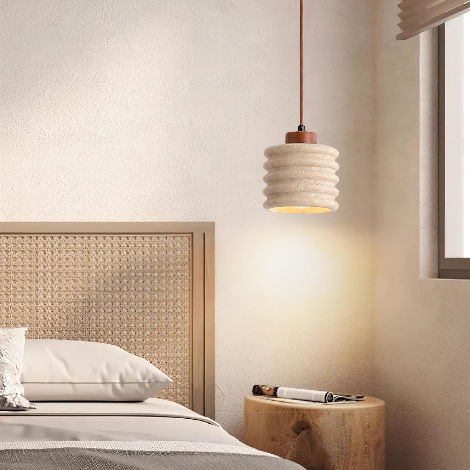 Pendant Lamp Travertine Ripple Shade Walnut Wood Organic Wabi-Sabi - Letslighting