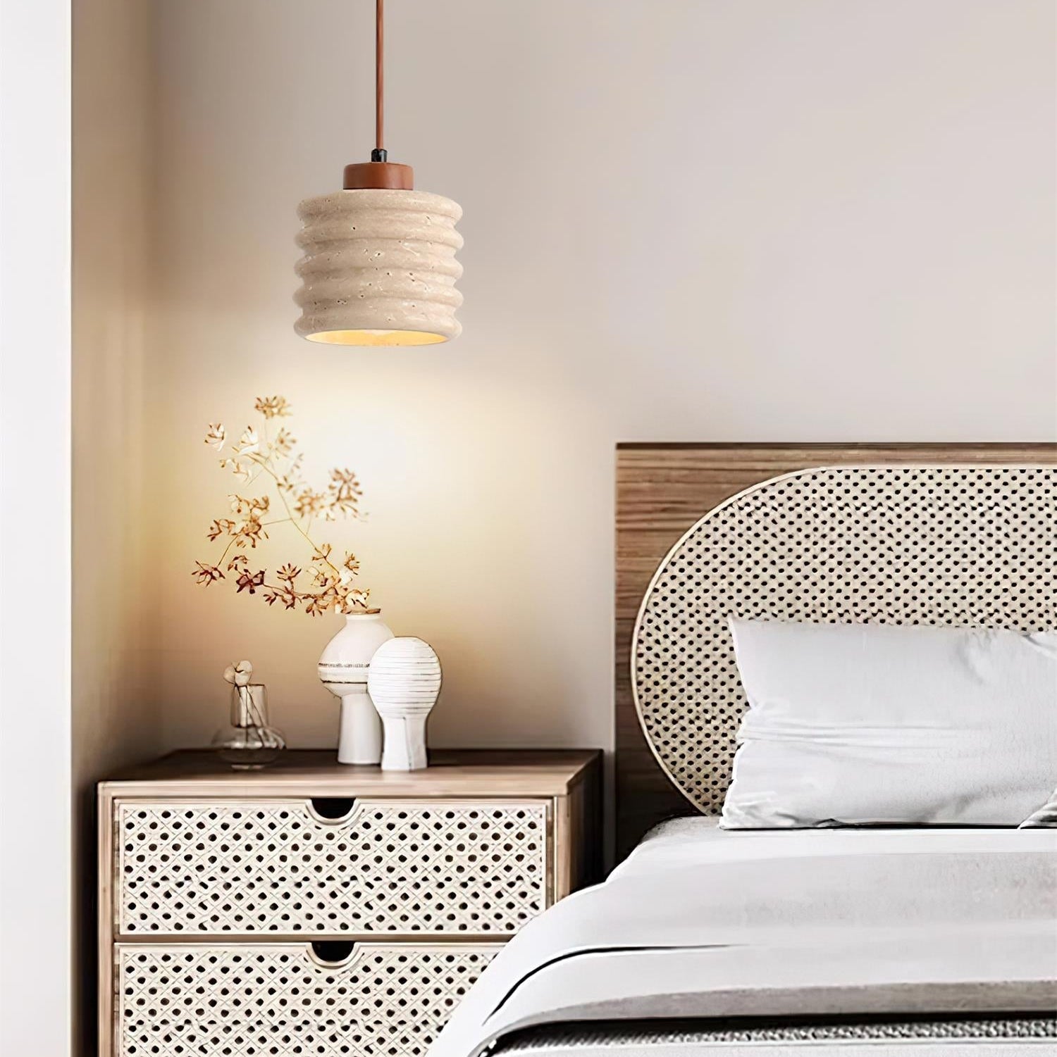 Pendant Lamp Travertine Ripple Shade Walnut Wood Organic Wabi-Sabi - Letslighting