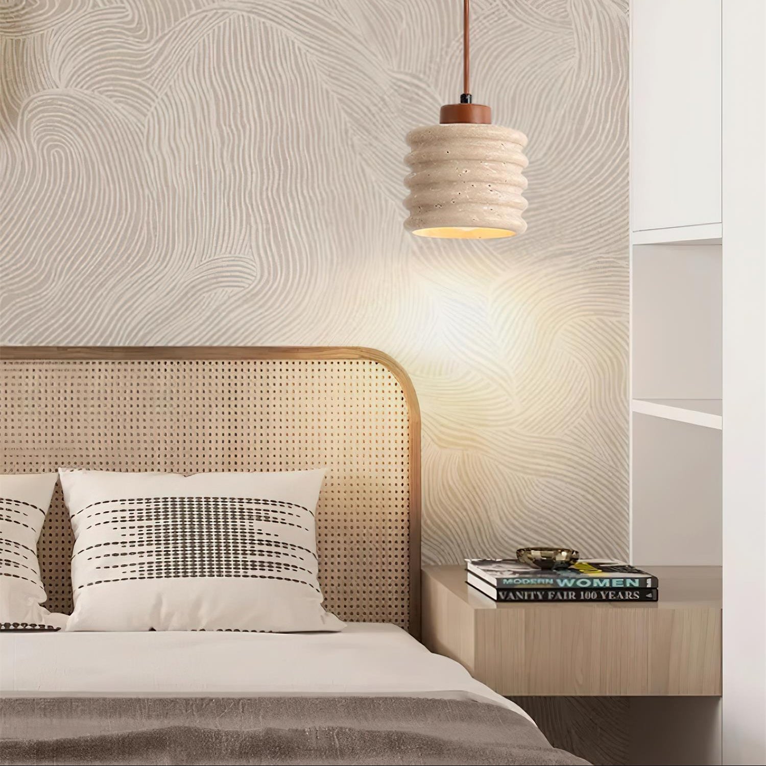 Pendant Lamp Travertine Ripple Shade Walnut Wood Organic Wabi-Sabi - Letslighting
