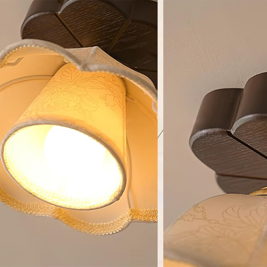 Ceiling Light Scalloped Fabric Shade Walnut Wood Canopy Vintage - Letslighting