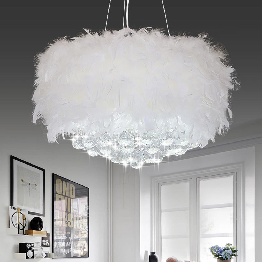 O'Moore Modern Luxury Round Chandelier, Feather/Crystal, White