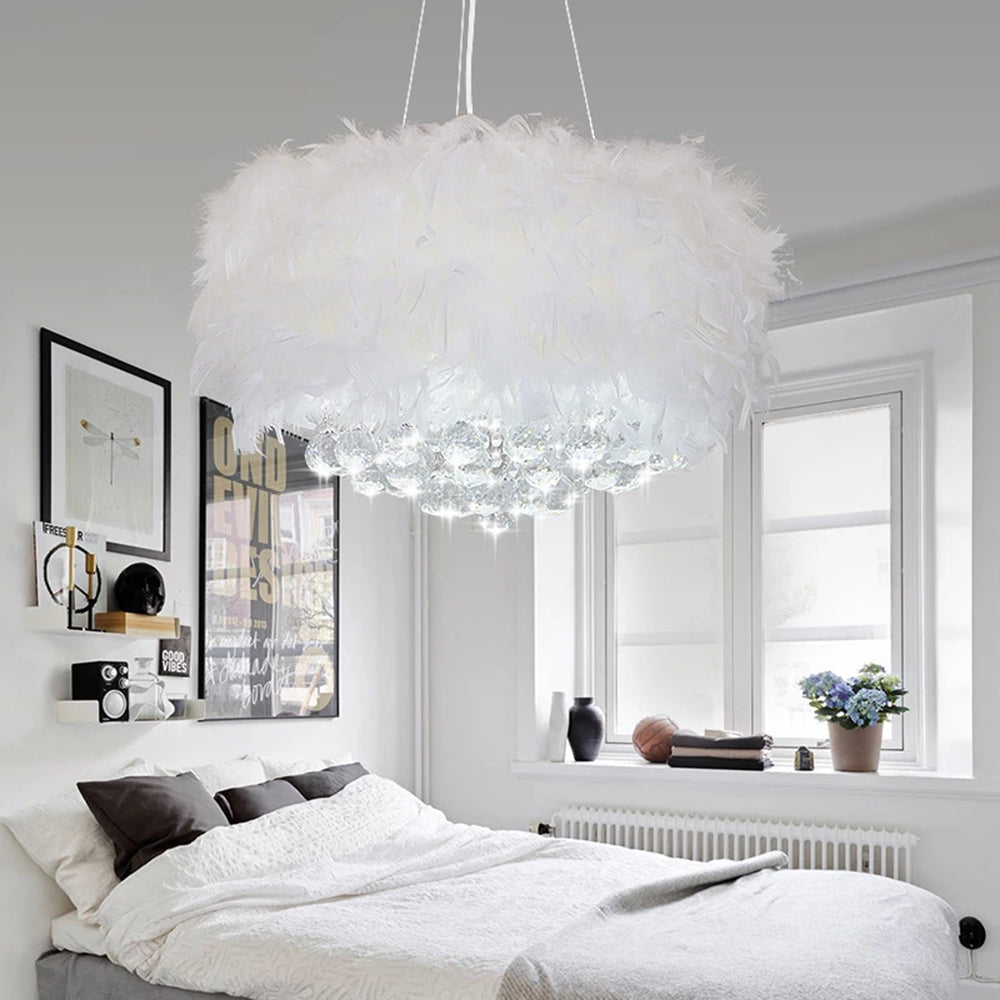 O'Moore Modern Luxury Round Chandelier, Feather/Crystal, White