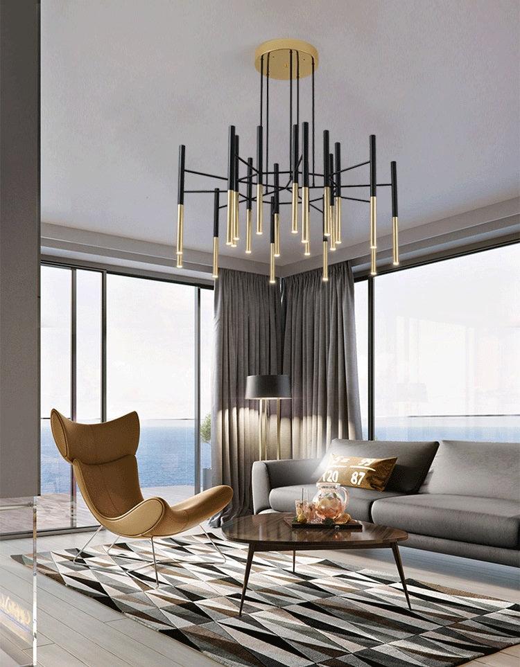 Solara Chandelier Modern Rods Black Gold - Letslighting