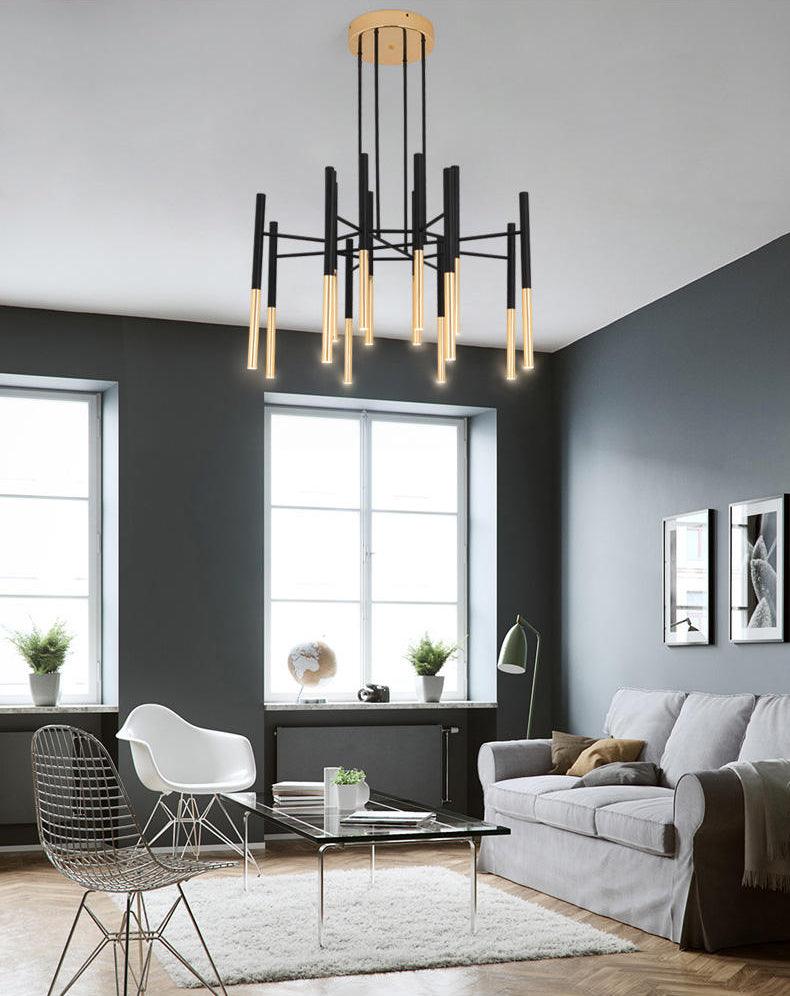 Solara Chandelier Modern Rods Black Gold - Letslighting