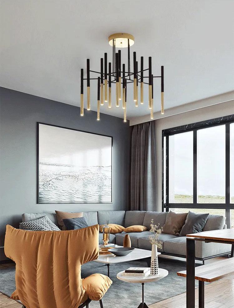 Solara Chandelier Modern Rods Black Gold - Letslighting