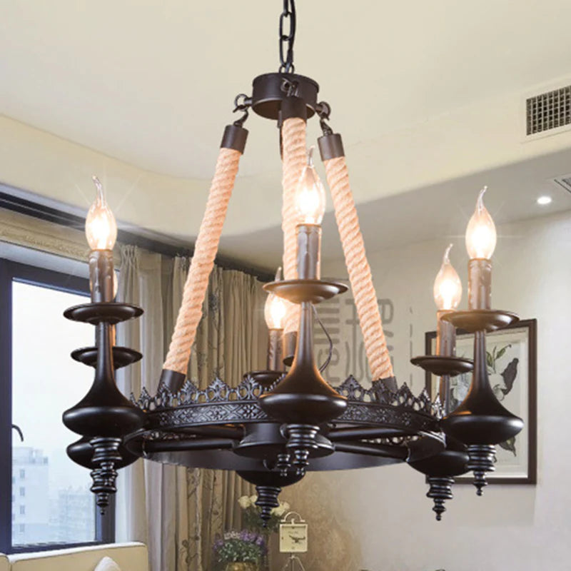 Epoch Retro Candle Chandelier Black Metal/Rope Restaurant/Bar