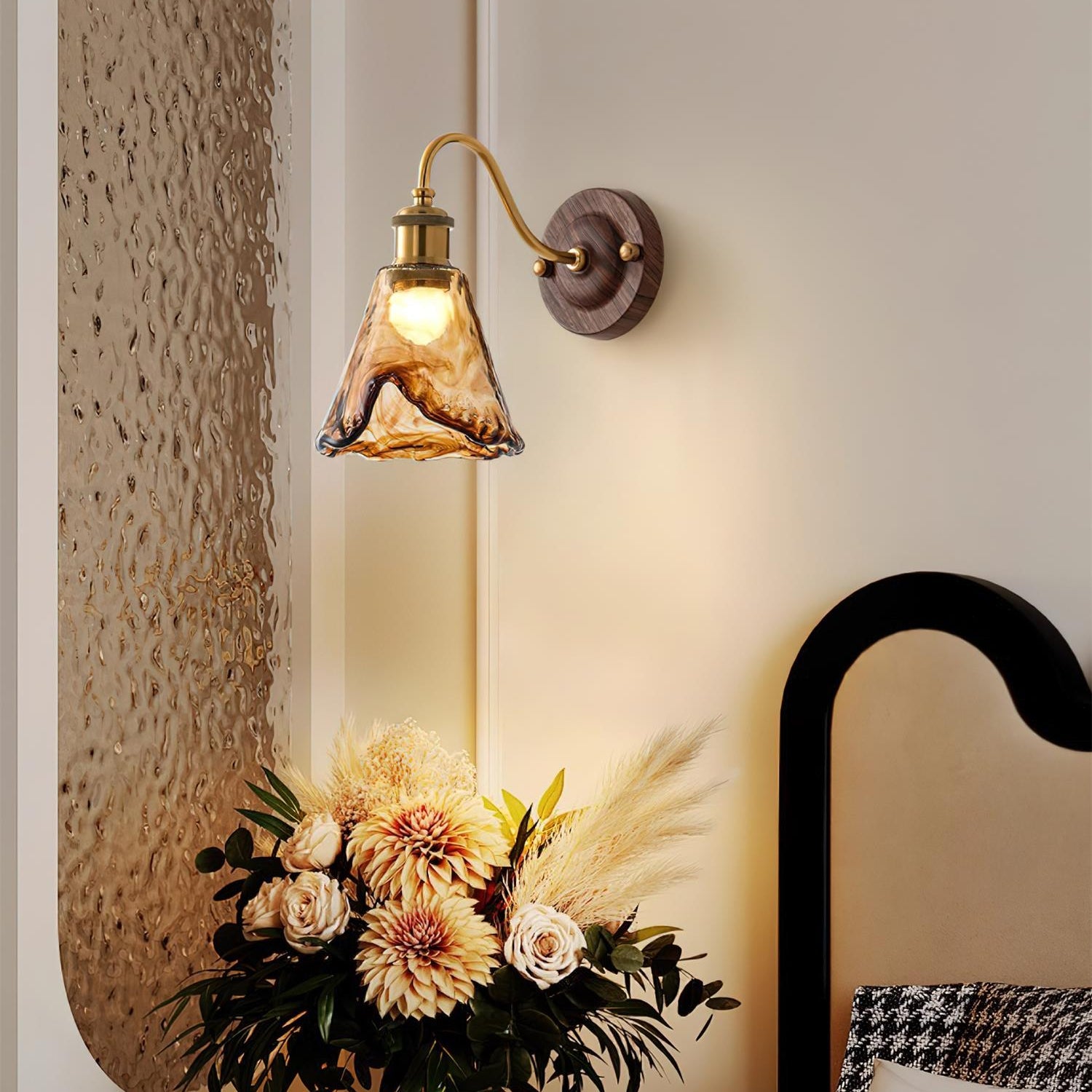 Wall Lamp Amber Glass Shade Walnut Gold Vintage Modern Sconce - Letslighting