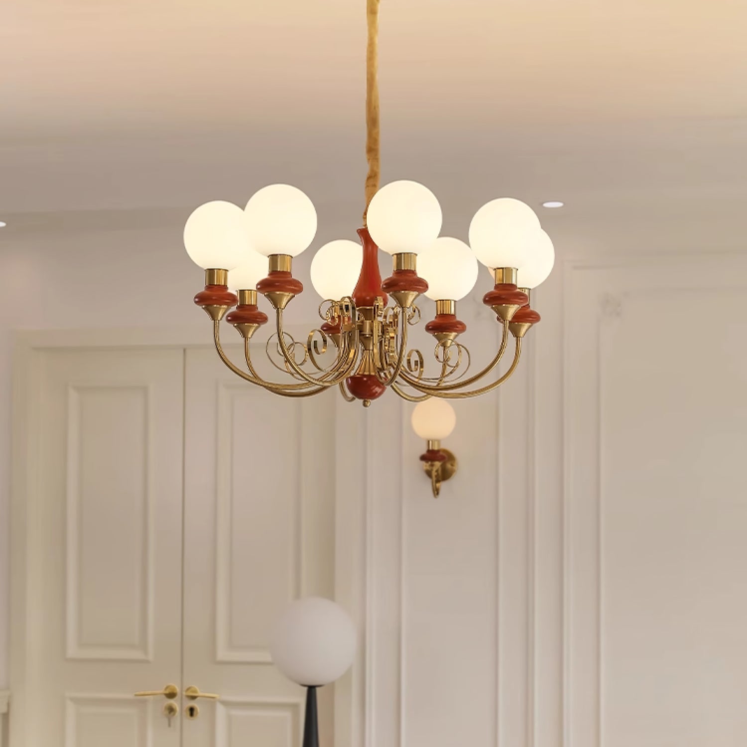 Lustra Chandelier Green Shades Gold Curved Arms - Letslighting