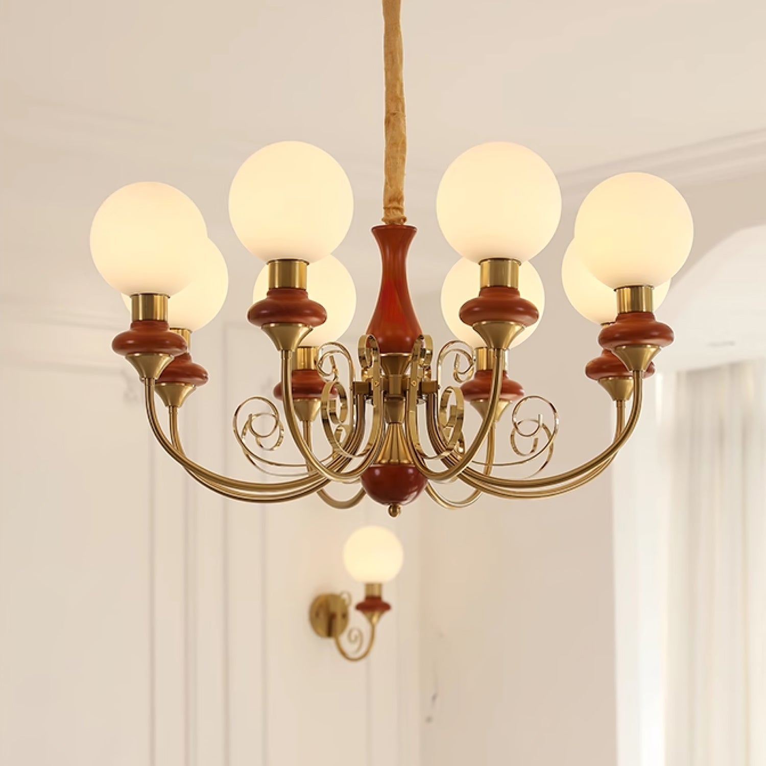 Lustra Chandelier Green Shades Gold Curved Arms - Letslighting