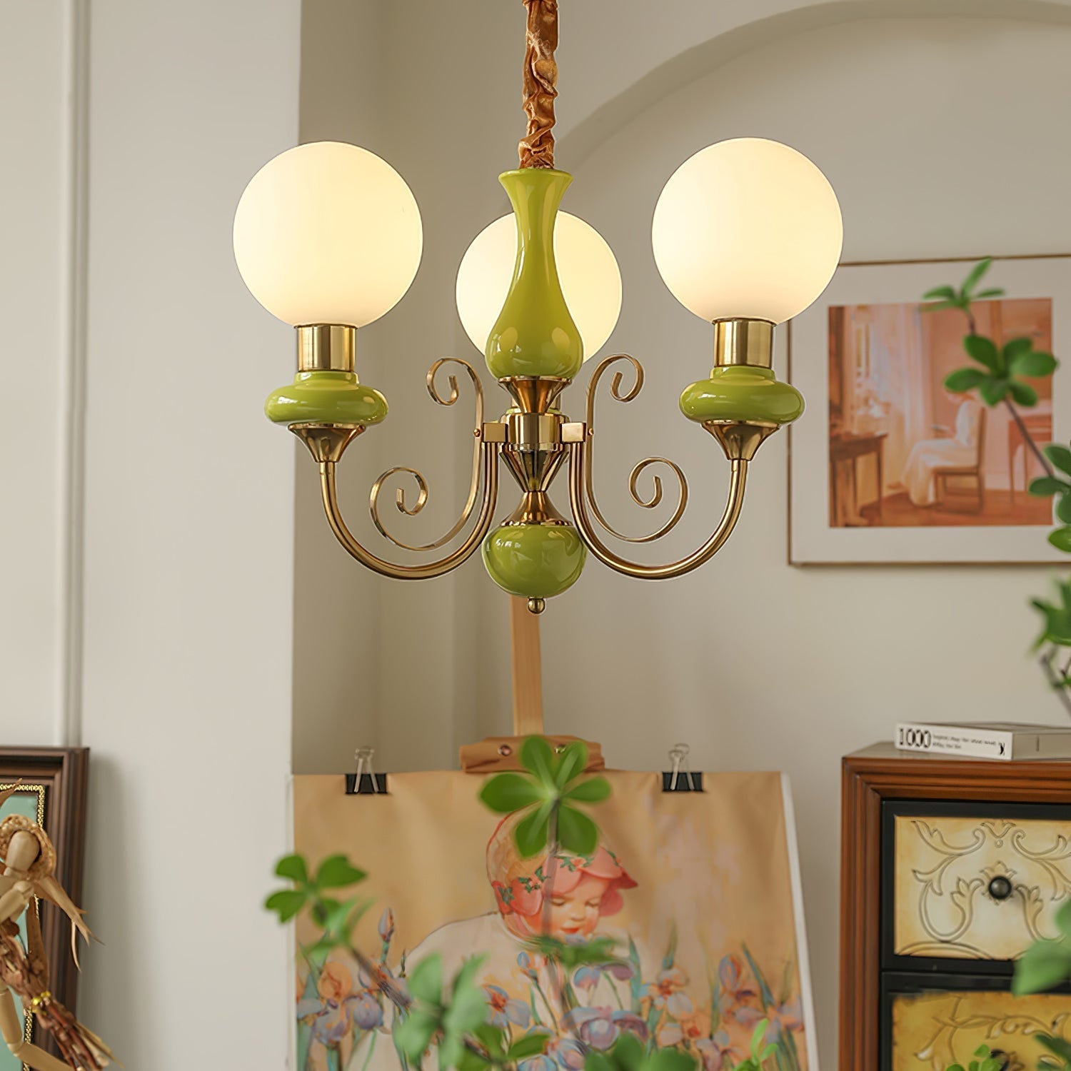Lustra Chandelier Green Shades Gold Curved Arms - Letslighting