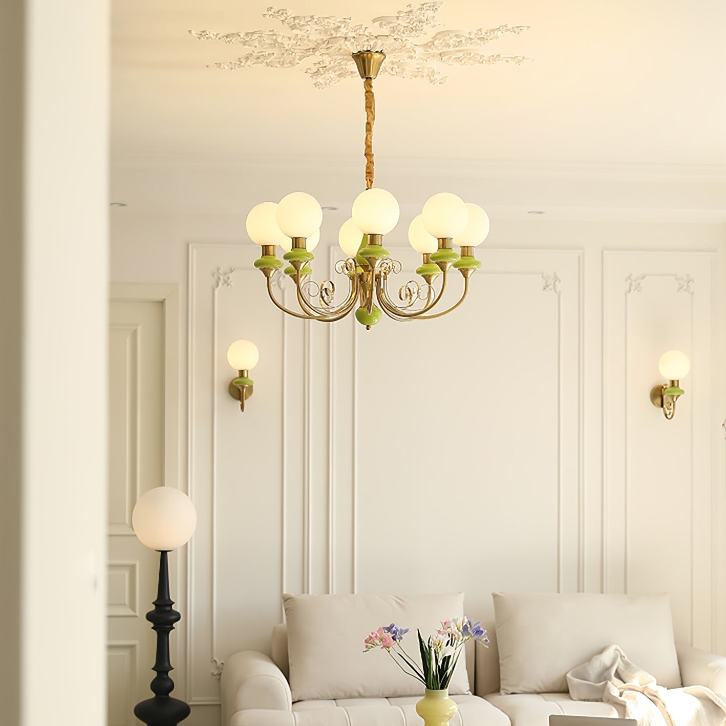 Lustra Chandelier Green Shades Gold Curved Arms - Letslighting