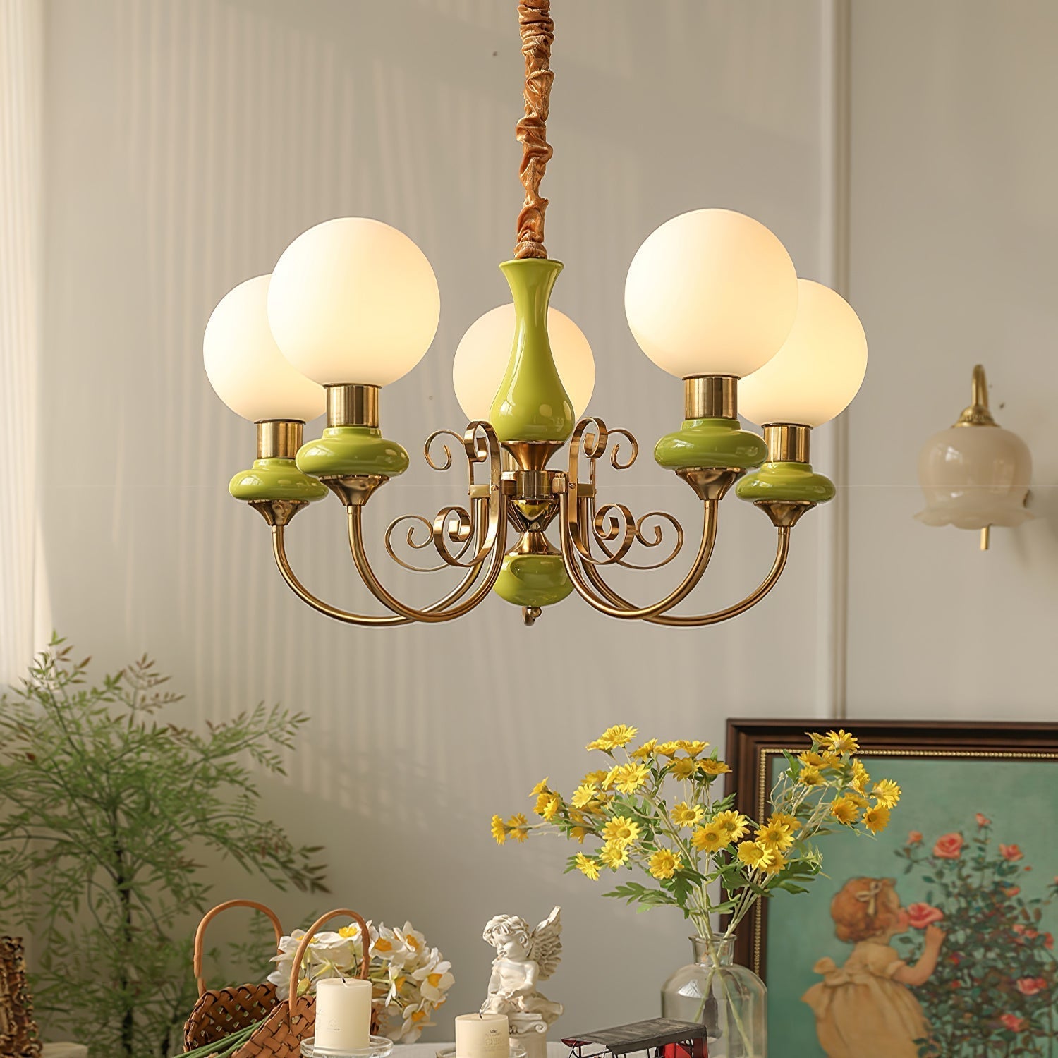Lustra Chandelier Green Shades Gold Curved Arms - Letslighting