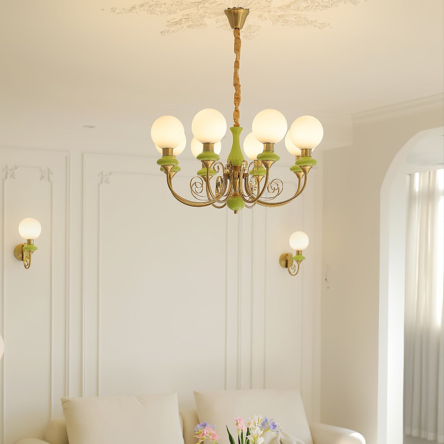 Lustra Chandelier Green Shades Gold Curved Arms - Letslighting
