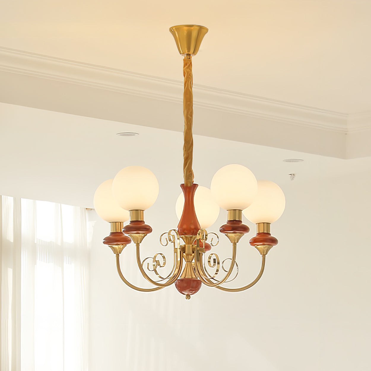 Lustra Chandelier Green Shades Gold Curved Arms - Letslighting