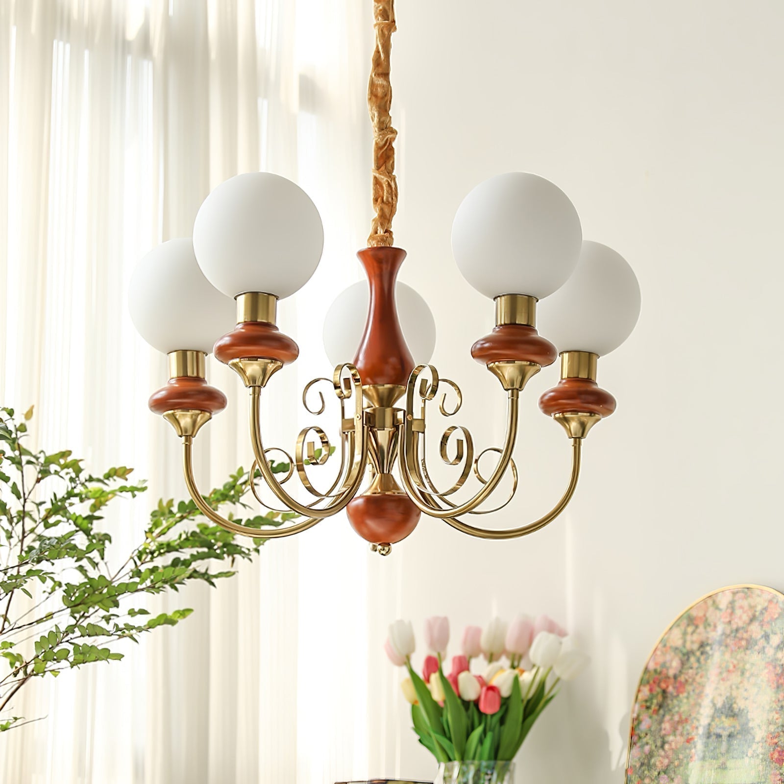 Lustra Chandelier Green Shades Gold Curved Arms - Letslighting