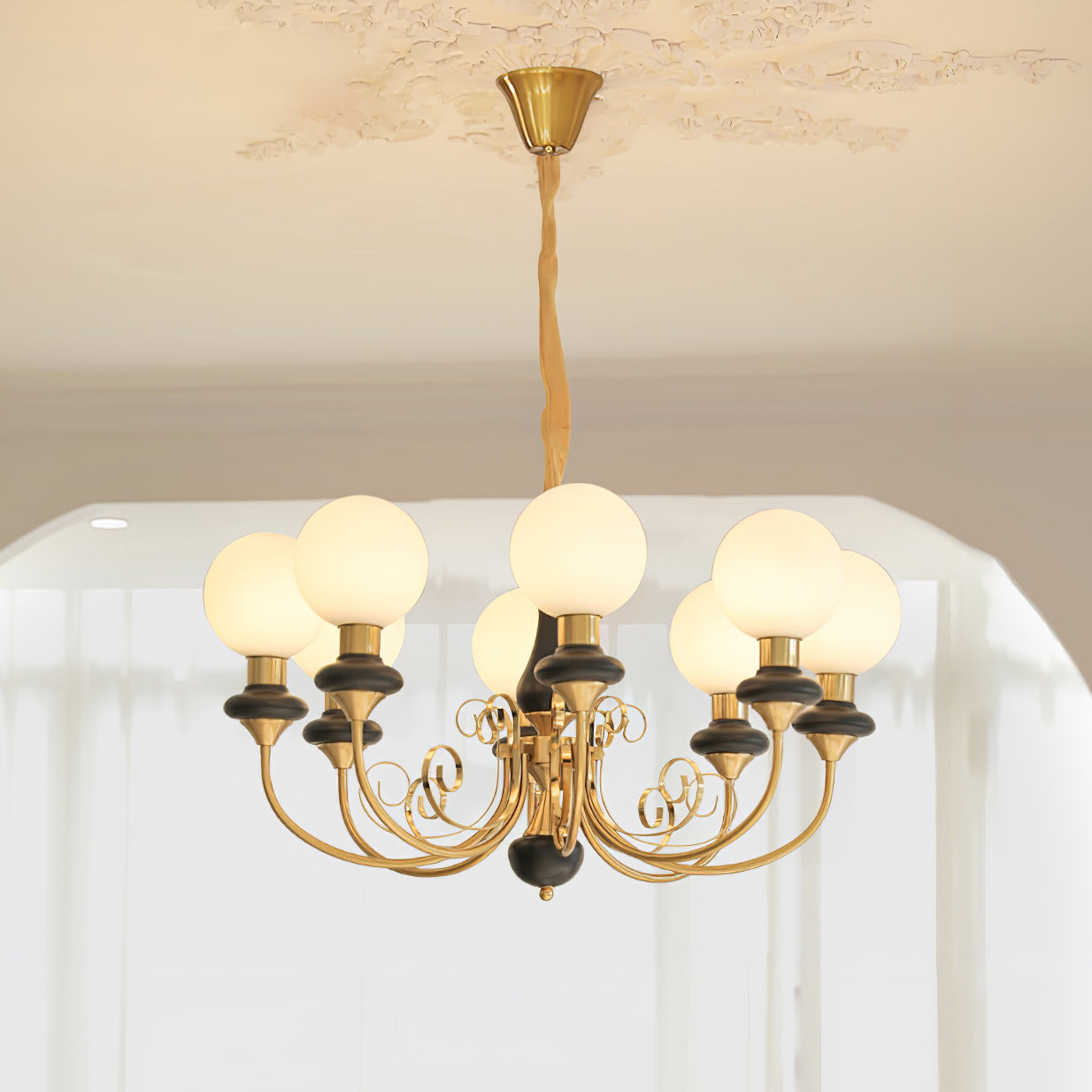 Lustra Chandelier Green Shades Gold Curved Arms - Letslighting