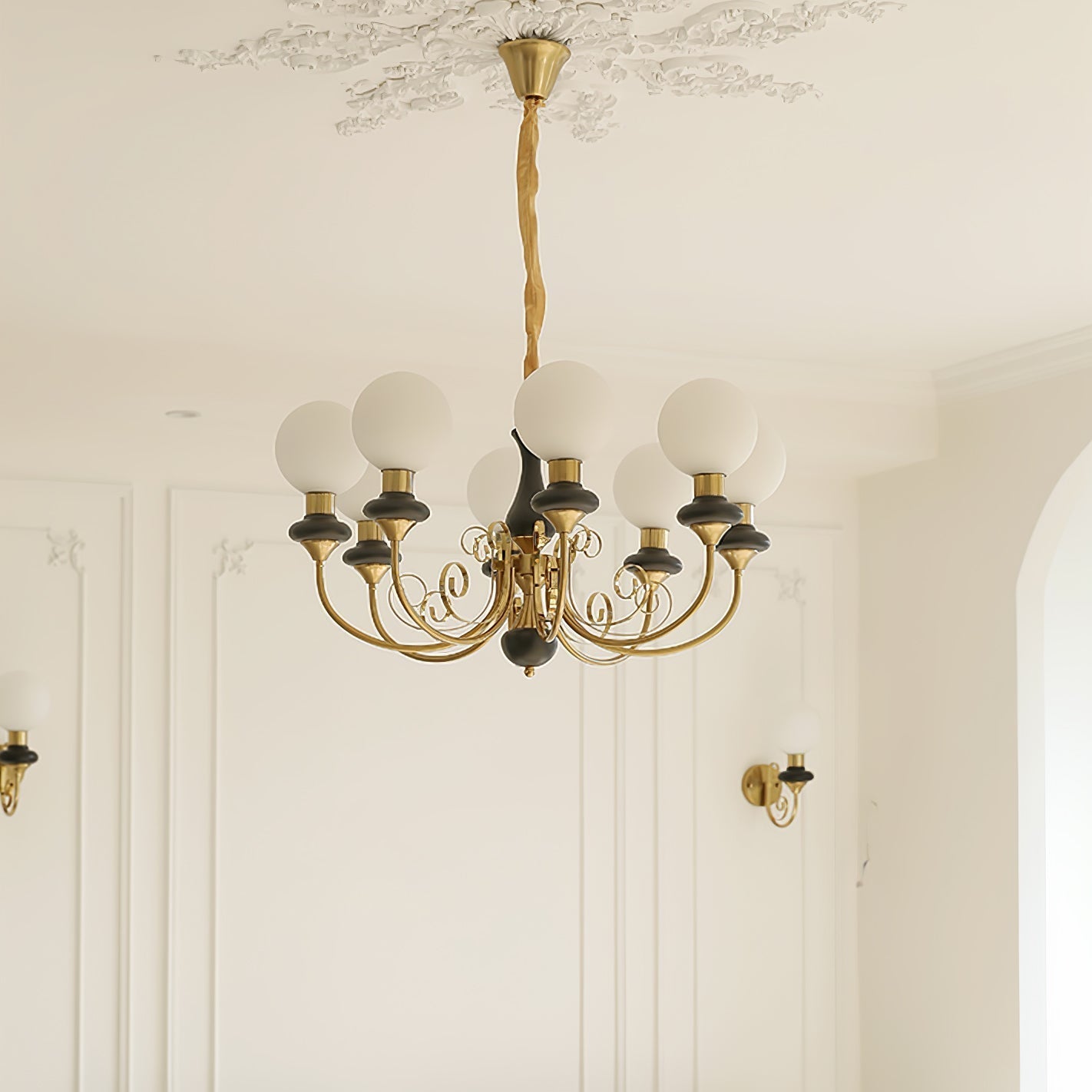 Lustra Chandelier Green Shades Gold Curved Arms - Letslighting