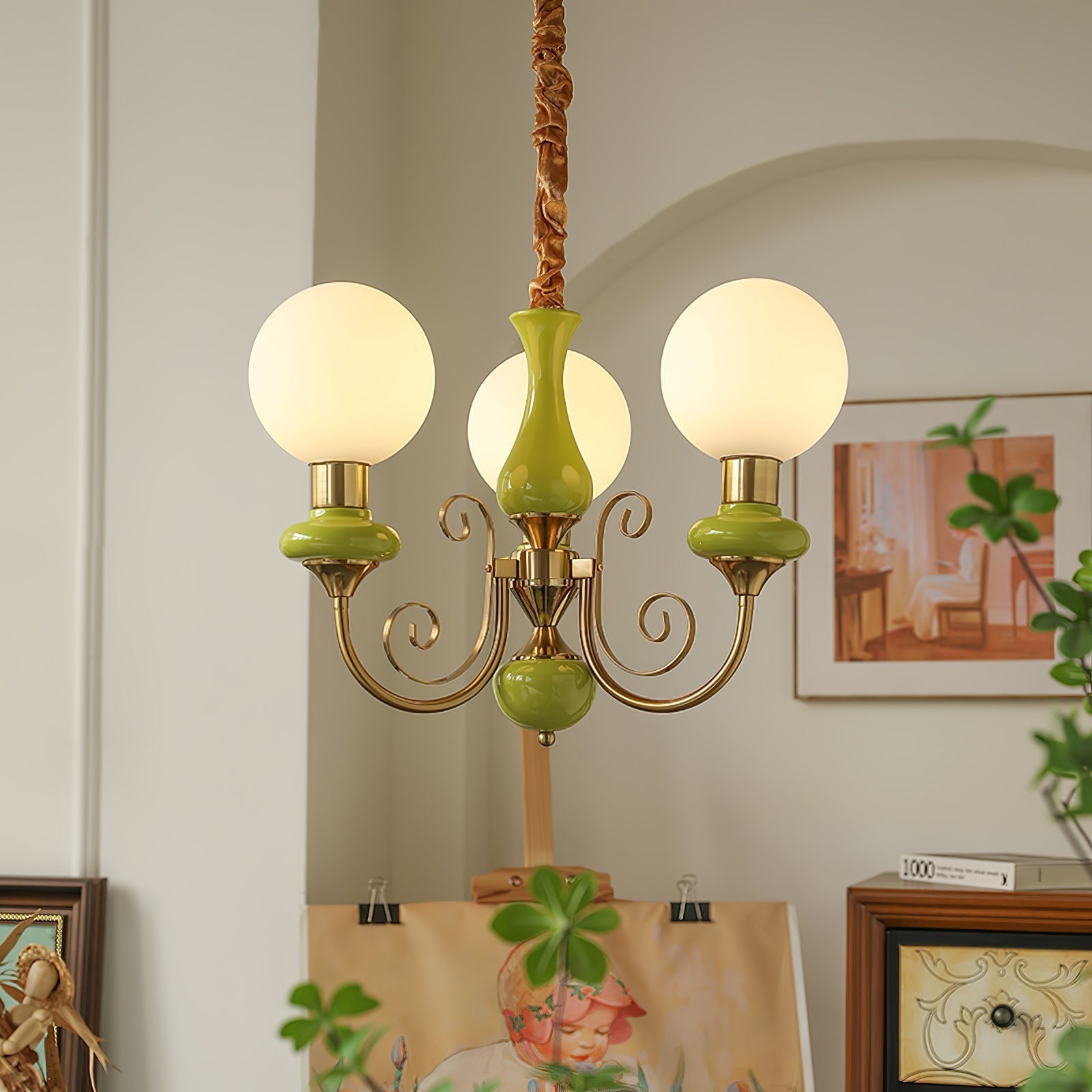 Lustra Chandelier Green Shades Gold Curved Arms - Letslighting