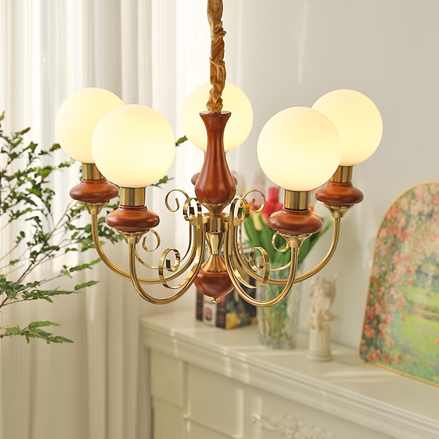 Lustra Chandelier Green Shades Gold Curved Arms - Letslighting