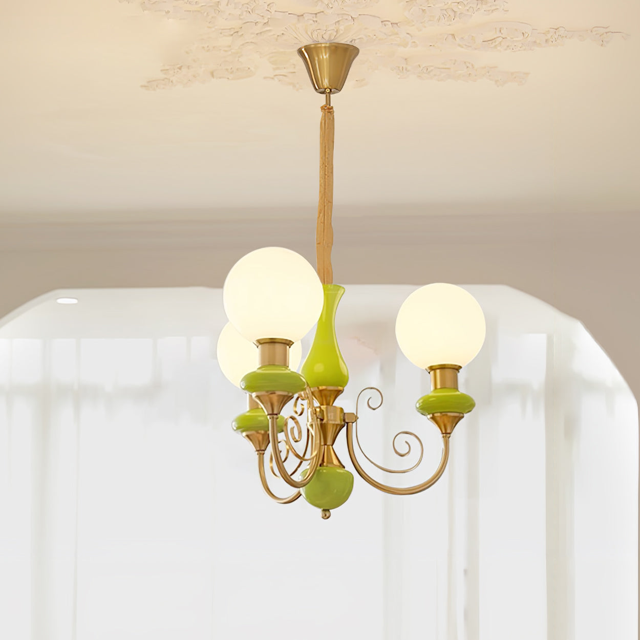 Lustra Chandelier Green Shades Gold Curved Arms - Letslighting