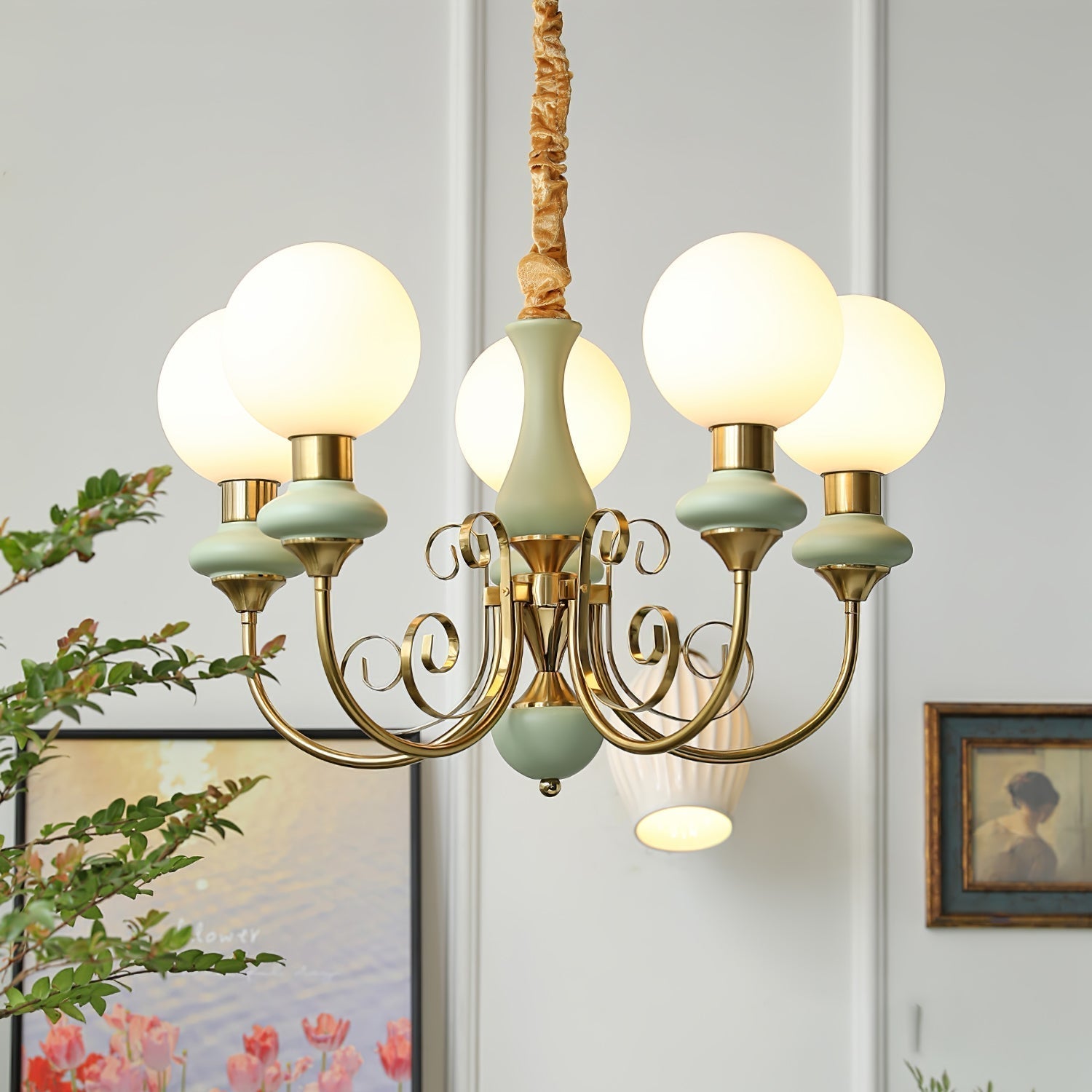 Lustra Chandelier Green Shades Gold Curved Arms - Letslighting