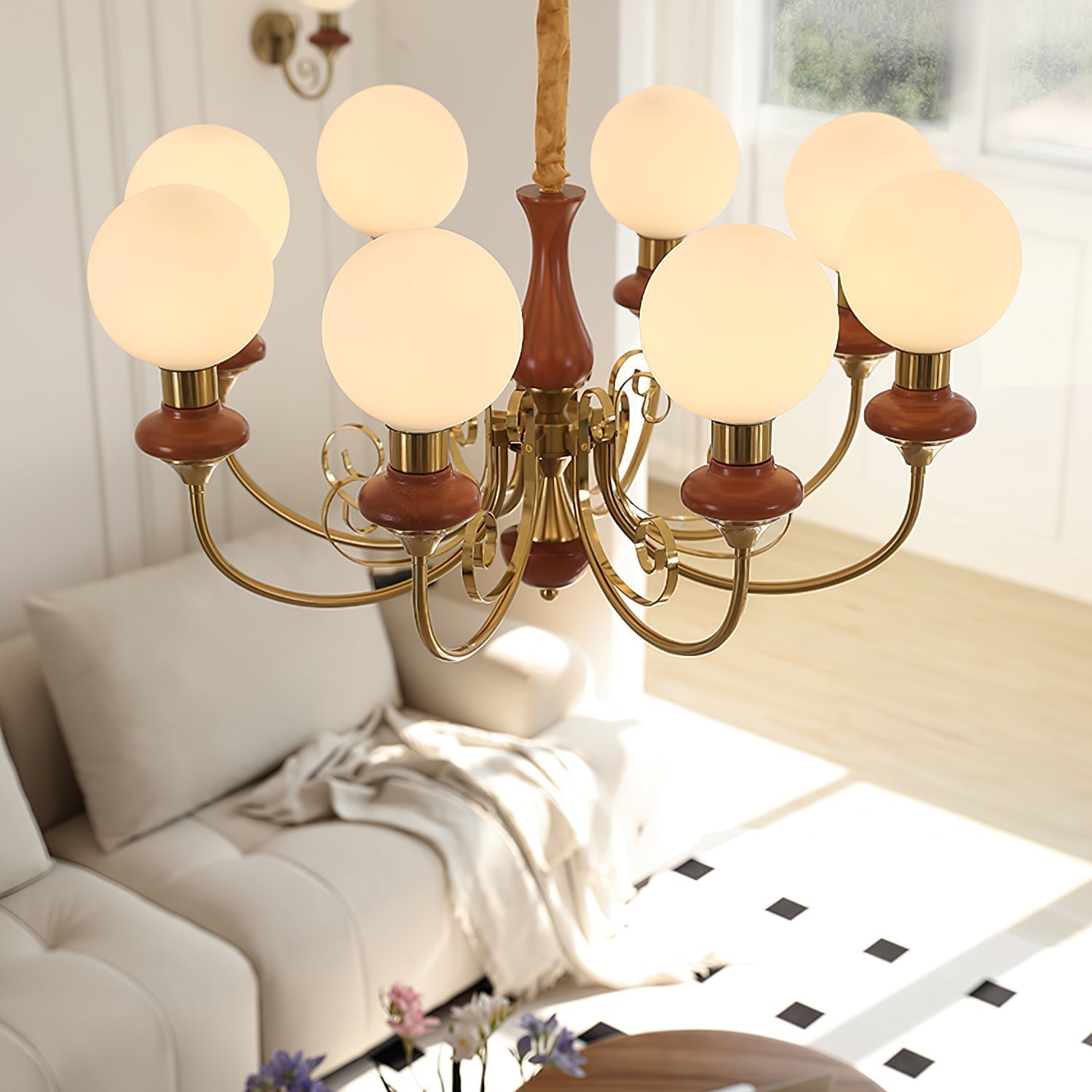 Lustra Chandelier Green Shades Gold Curved Arms - Letslighting