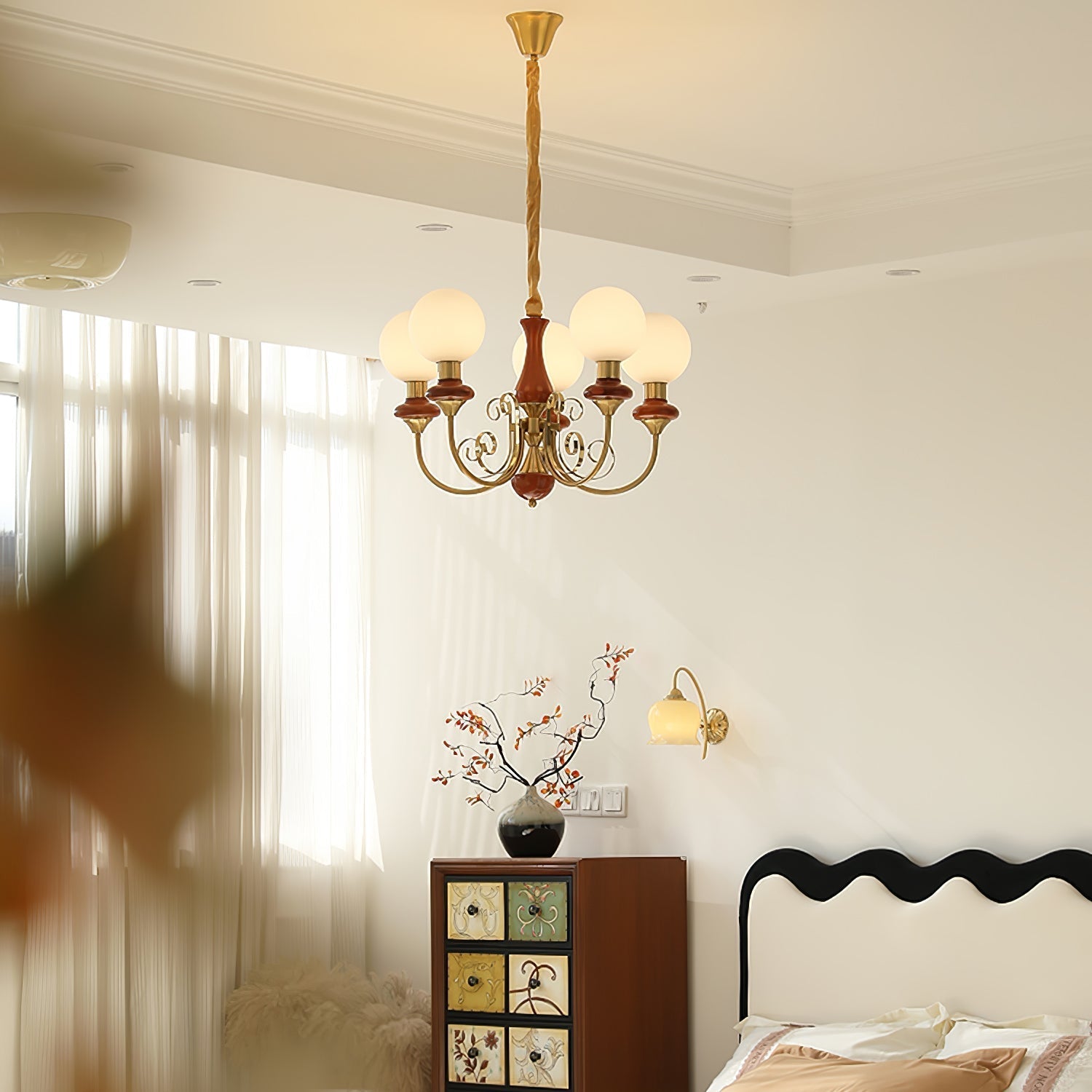Lustra Chandelier Green Shades Gold Curved Arms - Letslighting