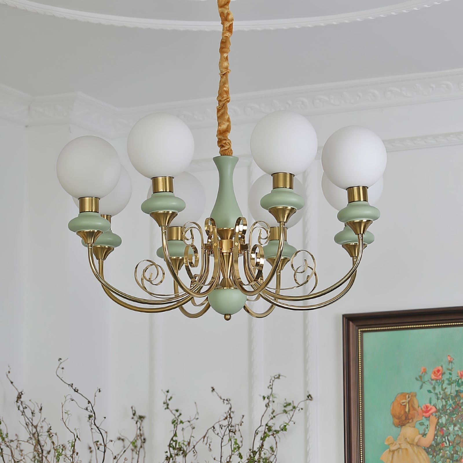 Lustra Chandelier Green Shades Gold Curved Arms - Letslighting