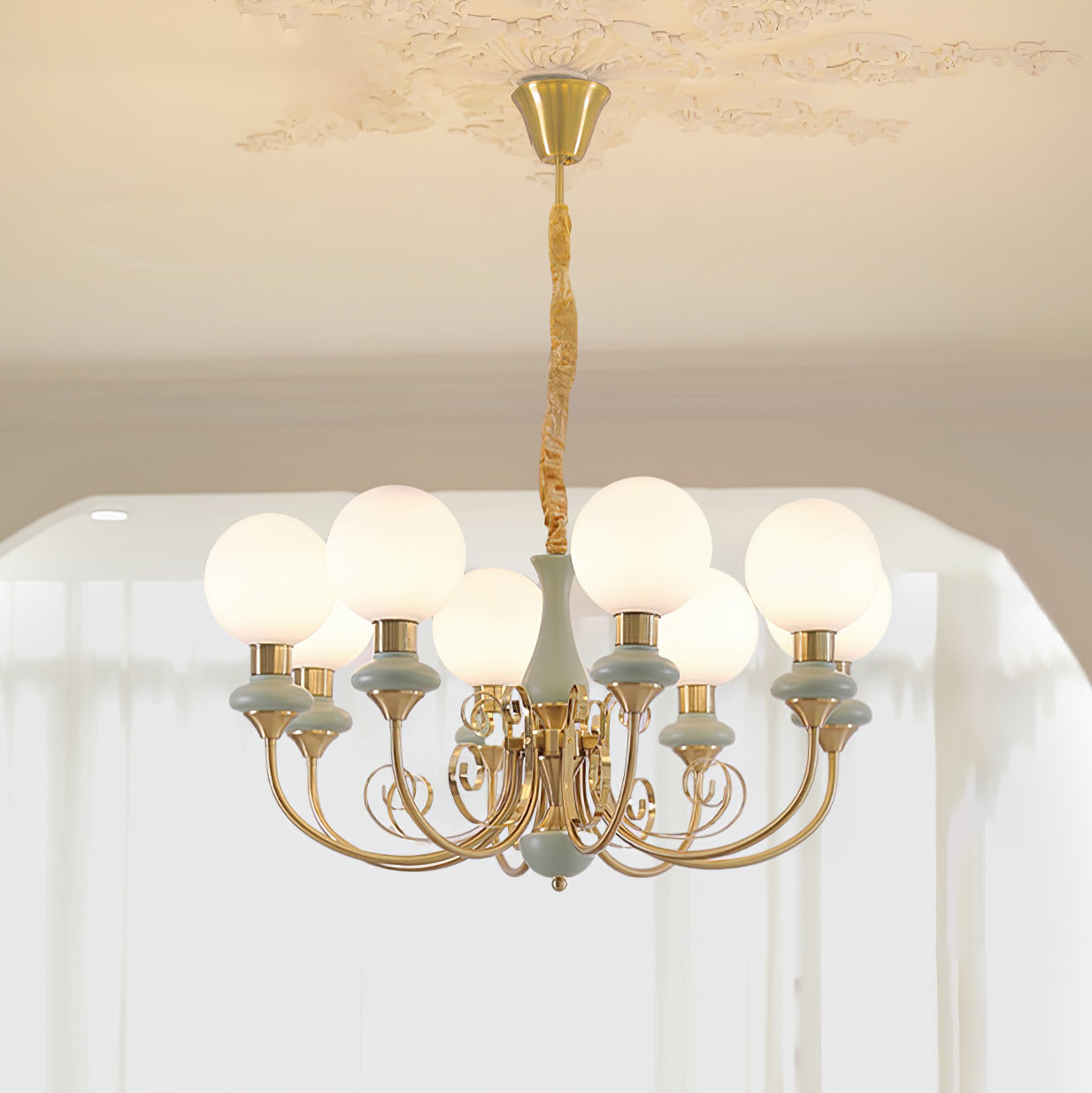 Lustra Chandelier Green Shades Gold Curved Arms - Letslighting
